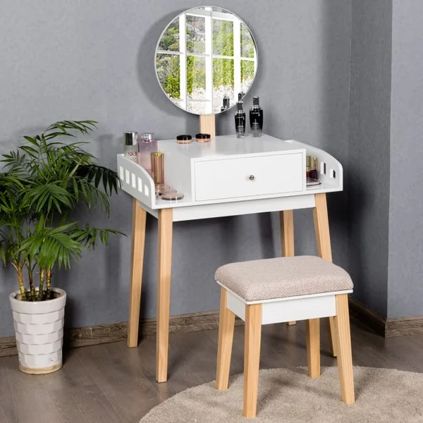 Coiffeuse Moderne Table de Maquillage avec Miroir Réglable Tabouret et Tiroir pour Chambre en MDF, 70x43x125,5cm, Blanc