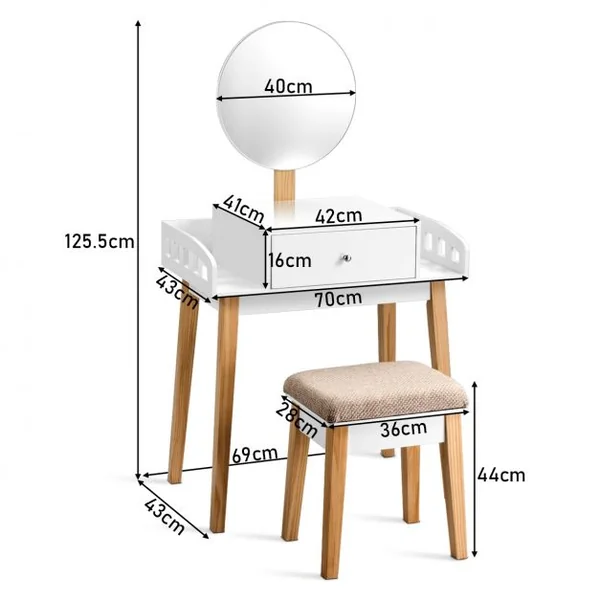 Coiffeuse Moderne Table de Maquillage avec Miroir Réglable Tabouret et Tiroir pour Chambre en MDF, 70x43x125,5cm, Blanc