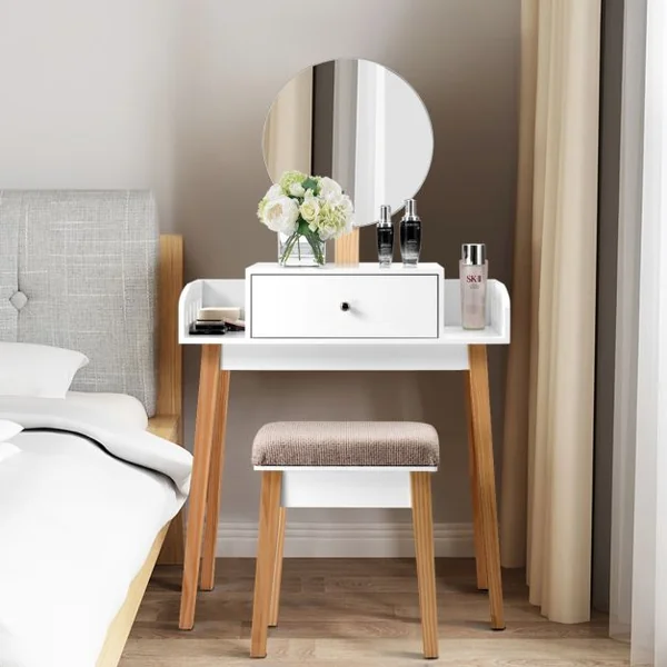 Coiffeuse Moderne Table de Maquillage avec Miroir Réglable Tabouret et Tiroir pour Chambre en MDF, 70x43x125,5cm, Blanc