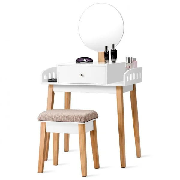 Coiffeuse Moderne Table de Maquillage avec Miroir Réglable Tabouret et Tiroir pour Chambre en MDF, 70x43x125,5cm, Blanc