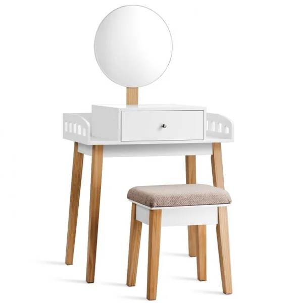 Coiffeuse Moderne Table de Maquillage avec Miroir Réglable Tabouret et Tiroir pour Chambre en MDF, 70x43x125,5cm, Blanc