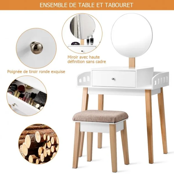 Coiffeuse Moderne Table de Maquillage avec Miroir Réglable Tabouret et Tiroir pour Chambre en MDF, 70x43x125,5cm, Blanc