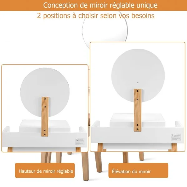 Coiffeuse Moderne Table de Maquillage avec Miroir Réglable Tabouret et Tiroir pour Chambre en MDF, 70x43x125,5cm, Blanc