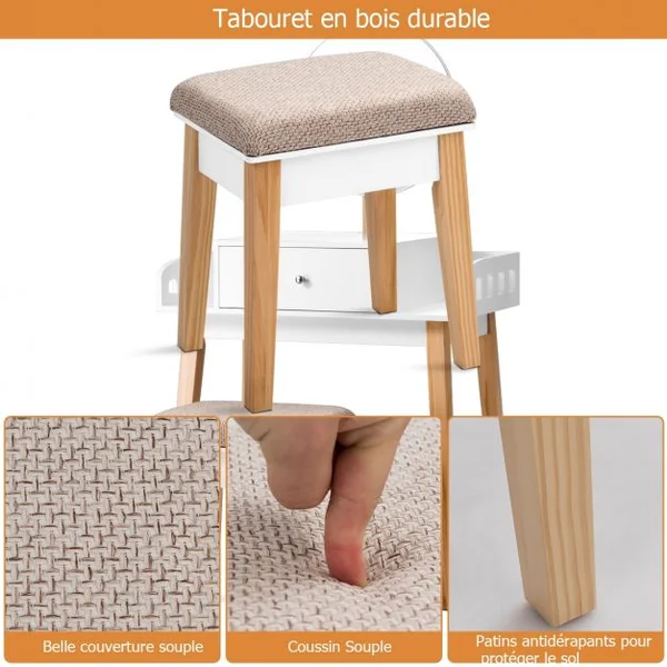 Coiffeuse Moderne Table de Maquillage avec Miroir Réglable Tabouret et Tiroir pour Chambre en MDF, 70x43x125,5cm, Blanc