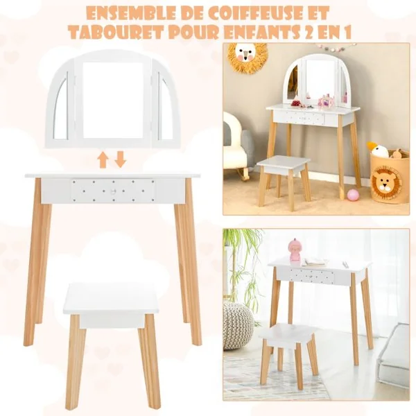 Coiffeuse pour Enfant 3 Miroirs Pliant Amovible 1 Tabouret et 1 Tiroir Style Princesse pour Fille en Bois Blanc