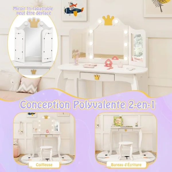 Coiffeuse pour Enfants avec Miroir Eclairé Ensemble de Table et Tabouret Miroir Pliable en 3 Parties Luminosité Réglable pour 3-7 Ans Rose/Blanc/Violet