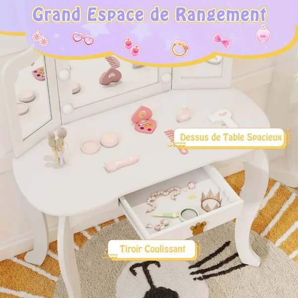 Coiffeuse pour Enfants avec Miroir Eclairé Ensemble de Table et Tabouret Miroir Pliable en 3 Parties Luminosité Réglable pour 3-7 Ans Rose/Blanc/Violet