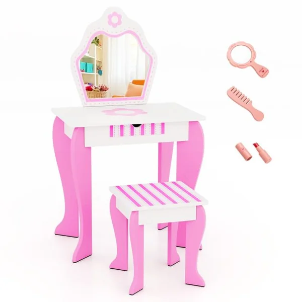 Coiffeuse pour Enfants avec Miroir et Tabouret en Bois Style Princesse Cadeau pour Filles Rose