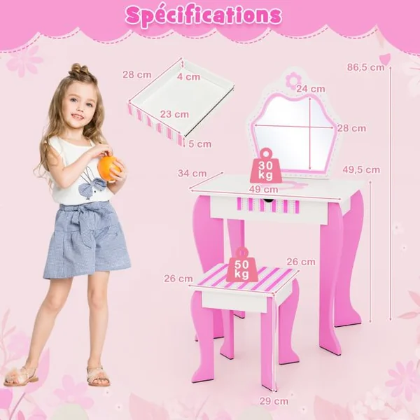 Coiffeuse pour Enfants avec Miroir et Tabouret en Bois Style Princesse Cadeau pour Filles Rose