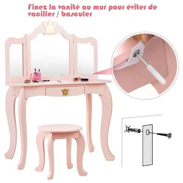 Coiffeuse pour Enfants avec Miroir à Trois Volets Dessus amovible Tabouret Inclus Rose