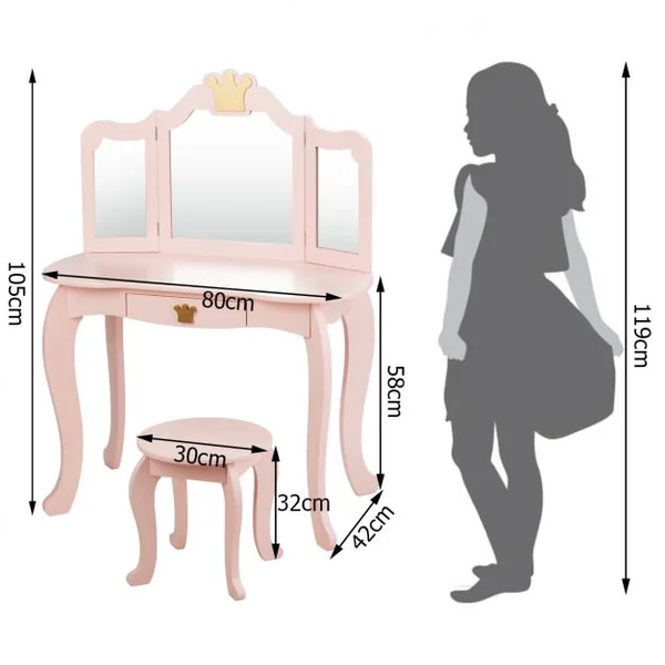 Coiffeuse pour Enfants avec Miroir à Trois Volets Dessus amovible Tabouret Inclus Rose