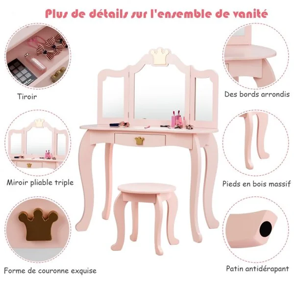 Coiffeuse pour Enfants avec Miroir à Trois Volets Dessus amovible Tabouret Inclus Rose
