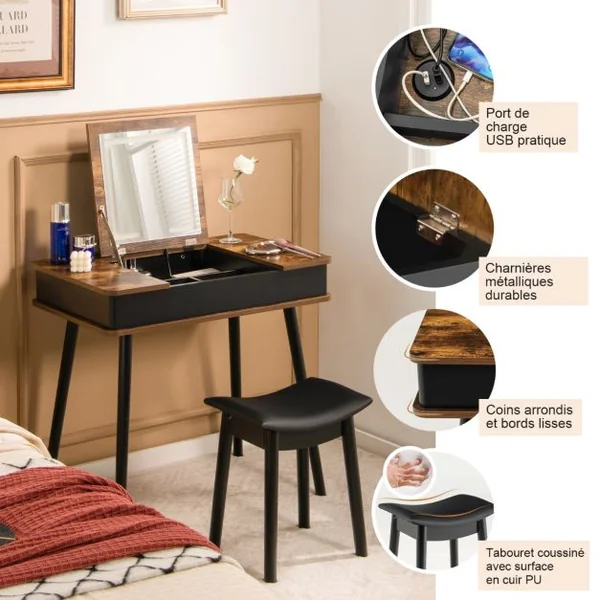 Coiffeuse Rabattable avec Miroir LED de 3 Couleurs 6 Compartiments de Rangement Table de Maquillage Style Vintage