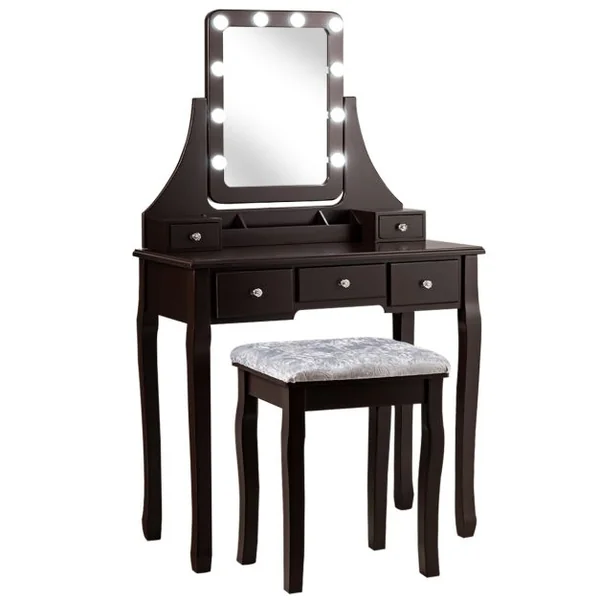 Coiffeuse Table de Maquillage avec 10 Ampoules LED avec 5 Tiroirs et Boîtes de Rangement Amovibles Noir/Blanc/Marron