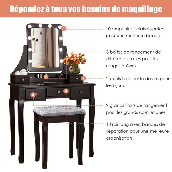 Coiffeuse Table de Maquillage avec 10 Ampoules LED avec 5 Tiroirs et Boîtes de Rangement Amovibles Noir/Blanc/Marron