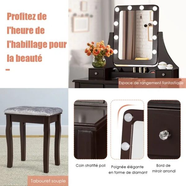 Coiffeuse Table de Maquillage avec 10 Ampoules LED avec 5 Tiroirs et Boîtes de Rangement Amovibles Noir/Blanc/Marron
