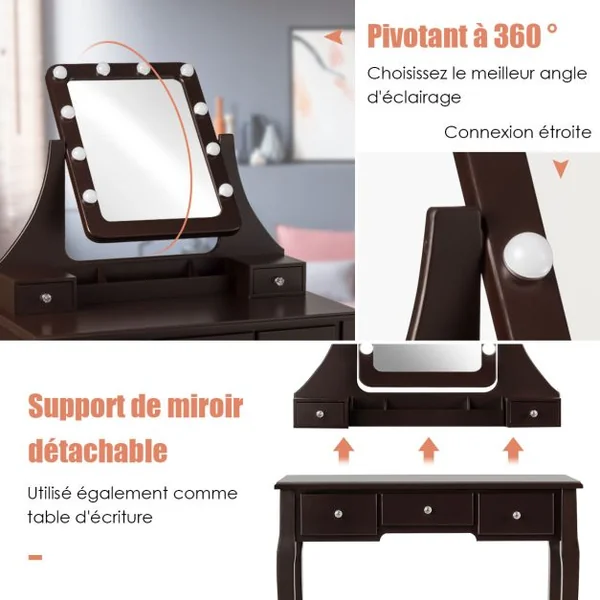 Coiffeuse Table de Maquillage avec 10 Ampoules LED avec 5 Tiroirs et Boîtes de Rangement Amovibles Noir/Blanc/Marron