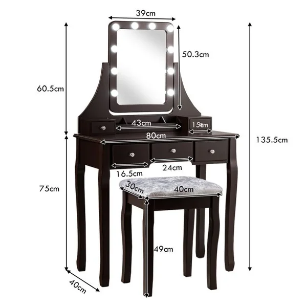 Coiffeuse Table de Maquillage avec 10 Ampoules LED avec 5 Tiroirs et Boîtes de Rangement Amovibles Noir/Blanc/Marron