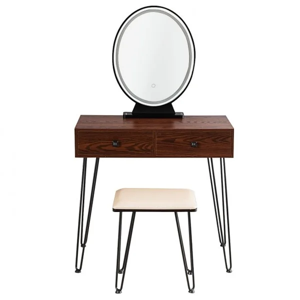 Coiffeuse Table de Maquillage avec 1 Miroir Tactile à LED Choix d’Eclairage 3 Couleurs de Style Industriel Brun Rustique