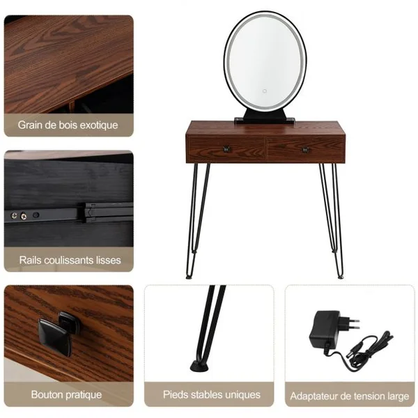 Coiffeuse Table de Maquillage avec 1 Miroir Tactile à LED Choix d’Eclairage 3 Couleurs de Style Industriel Brun Rustique