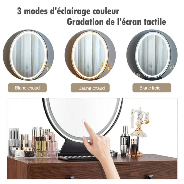 Coiffeuse Table de Maquillage avec 1 Miroir Tactile à LED Choix d’Eclairage 3 Couleurs de Style Industriel Brun Rustique