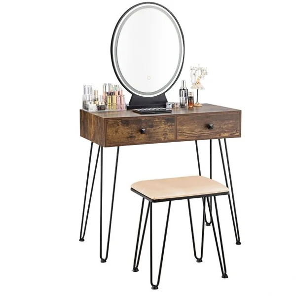 Coiffeuse Table de Maquillage avec 1 Miroir Tactile à LED Choix d’Eclairage 3 Couleurs de Style Industriel Marron