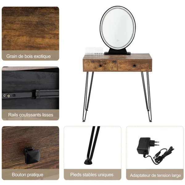 Coiffeuse Table de Maquillage avec 1 Miroir Tactile à LED Choix d’Eclairage 3 Couleurs de Style Industriel Marron