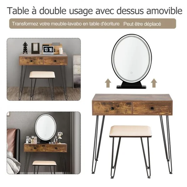 Coiffeuse Table de Maquillage avec 1 Miroir Tactile à LED Choix d’Eclairage 3 Couleurs de Style Industriel Marron