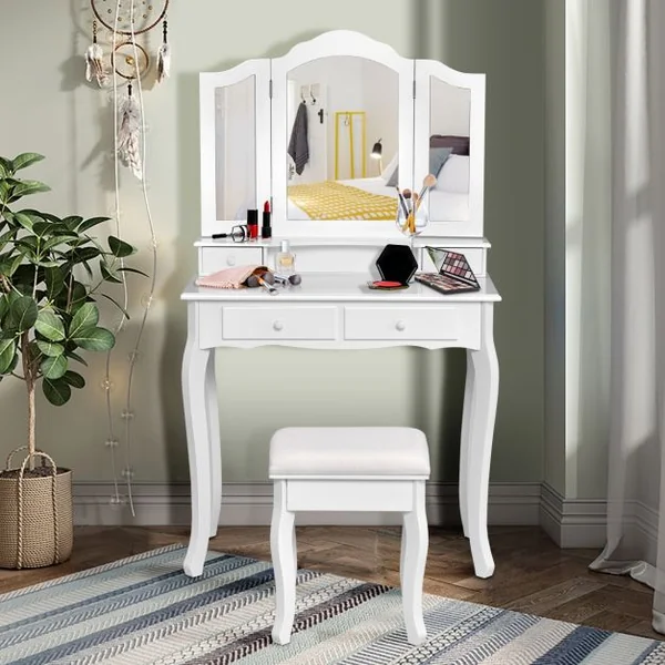 Coiffeuse Table de Maquillage avec 3 Miroirs Tournable et Tabouret 80x40x138cm