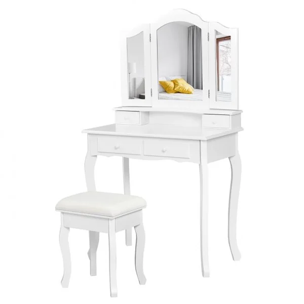 Coiffeuse Table de Maquillage avec 3 Miroirs Tournable et Tabouret 80x40x138cm