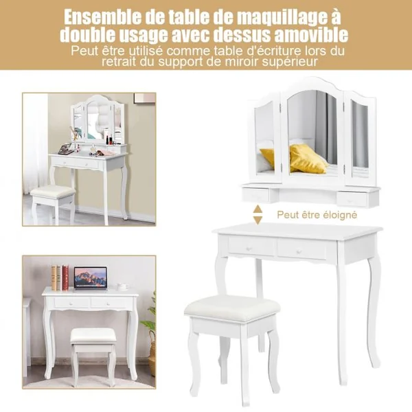 Coiffeuse Table de Maquillage avec 3 Miroirs Tournable et Tabouret 80x40x138cm