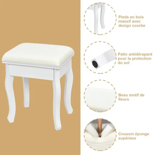 Coiffeuse Table de Maquillage avec 3 Miroirs Tournable et Tabouret 80x40x138cm
