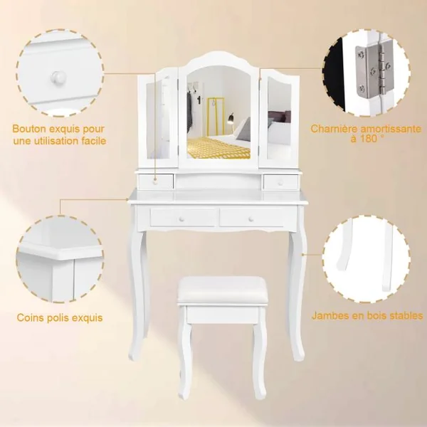 Coiffeuse Table de Maquillage avec 3 Miroirs Tournable et Tabouret 80x40x138cm