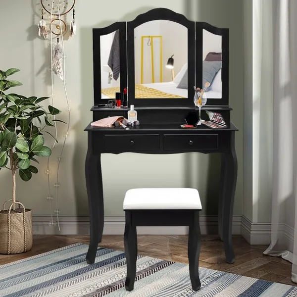 Coiffeuse Table de Maquillage avec 3 Miroirs Tournable Tabouret et 4 Tiroirs 80 x 40,5 x 137cm