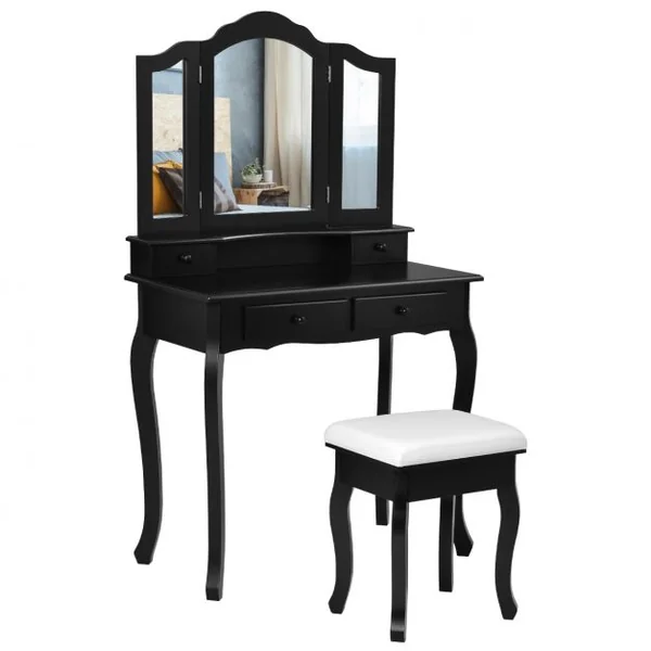 Coiffeuse Table de Maquillage avec 3 Miroirs Tournable Tabouret et 4 Tiroirs 80 x 40,5 x 137cm