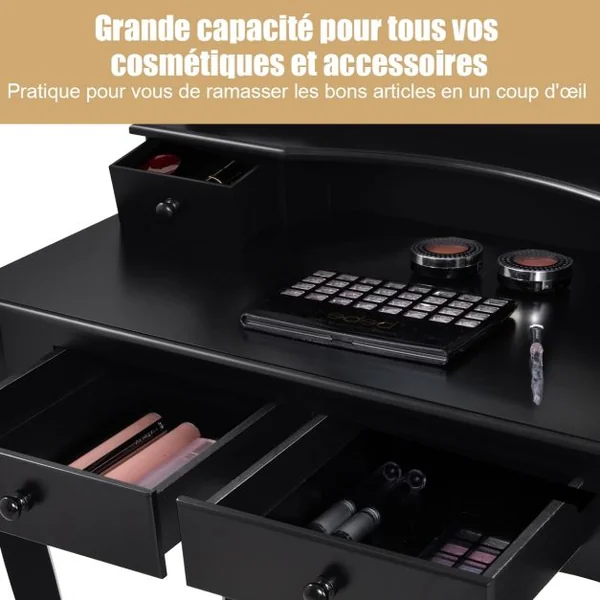 Coiffeuse Table de Maquillage avec 3 Miroirs Tournable Tabouret et 4 Tiroirs 80 x 40,5 x 137cm