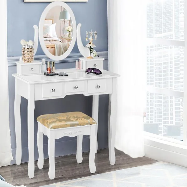 Coiffeuse Table de Maquillage avec Miroir Ovale Pivotant à 360° 5 Tiroirs Finition Peinte et Tabouret Rembourré Noir