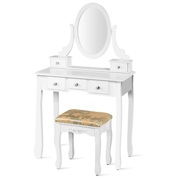 Coiffeuse Table de Maquillage avec Miroir Ovale Pivotant à 360° 5 Tiroirs Finition Peinte et Tabouret Rembourré Noir