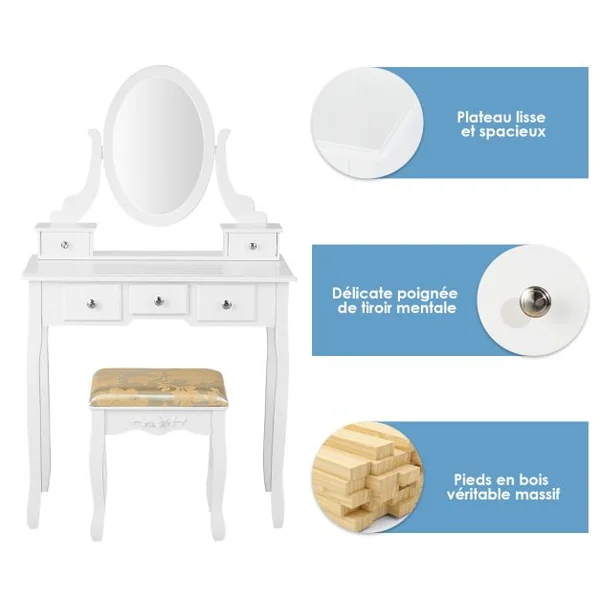 Coiffeuse Table de Maquillage avec Miroir Ovale Pivotant à 360° 5 Tiroirs Finition Peinte et Tabouret Rembourré Noir