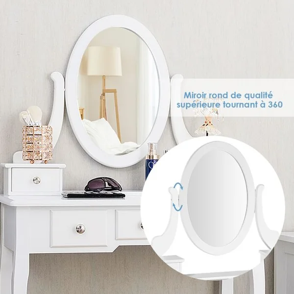 Coiffeuse Table de Maquillage avec Miroir Ovale Pivotant à 360° 5 Tiroirs Finition Peinte et Tabouret Rembourré Noir