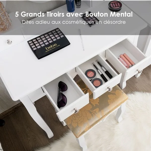 Coiffeuse Table de Maquillage avec Miroir Ovale Pivotant à 360° 5 Tiroirs Finition Peinte et Tabouret Rembourré Noir