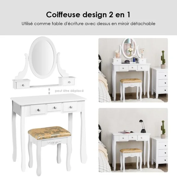 Coiffeuse Table de Maquillage avec Miroir Ovale Pivotant à 360° 5 Tiroirs Finition Peinte et Tabouret Rembourré Noir