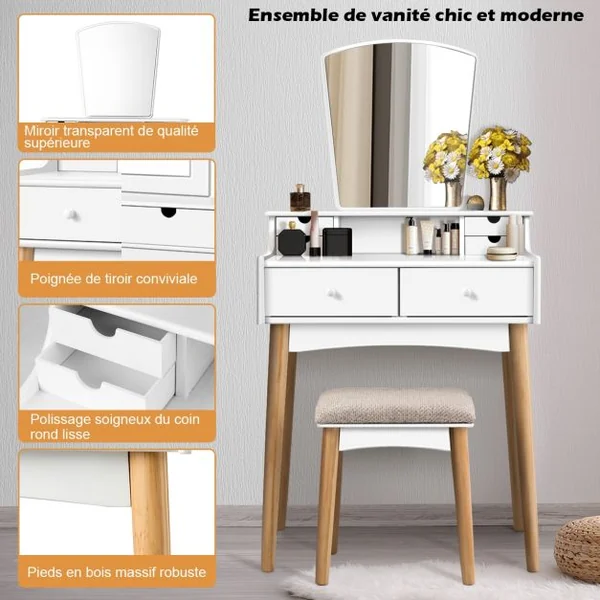 Coiffeuse Table de Maquillage avec Miroirs Tabouret et 6 Tiroirs 69 x 40 x 132 cm