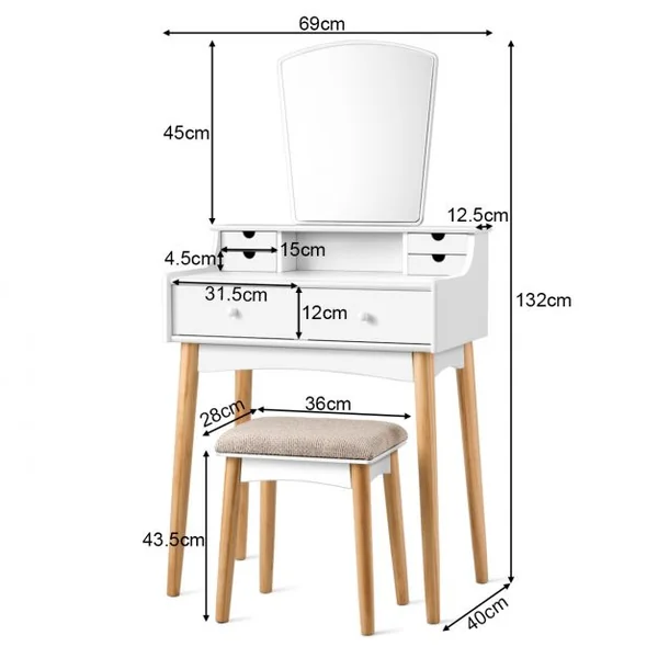 Coiffeuse Table de Maquillage avec Miroirs Tabouret et 6 Tiroirs 69 x 40 x 132 cm