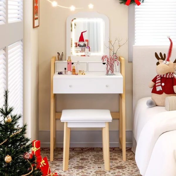 Coiffeuse Table de Maquillage à 2 Niveaux avec 3 Tiroirs 1 Miroir Hauteur Réglable et 1 Tabouret Rembourré
