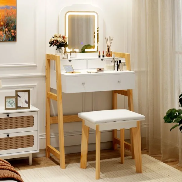 Coiffeuse Table de Maquillage à 2 Niveaux avec 3 Tiroirs 1 Miroir Hauteur Réglable et 1 Tabouret Rembourré