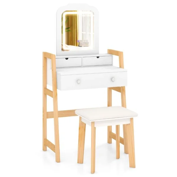 Coiffeuse Table de Maquillage à 2 Niveaux avec 3 Tiroirs 1 Miroir Hauteur Réglable et 1 Tabouret Rembourré