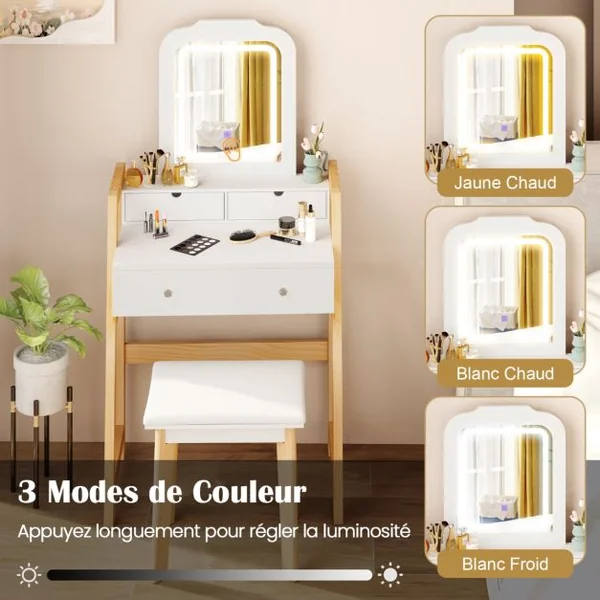 Coiffeuse Table de Maquillage à 2 Niveaux avec 3 Tiroirs 1 Miroir Hauteur Réglable et 1 Tabouret Rembourré