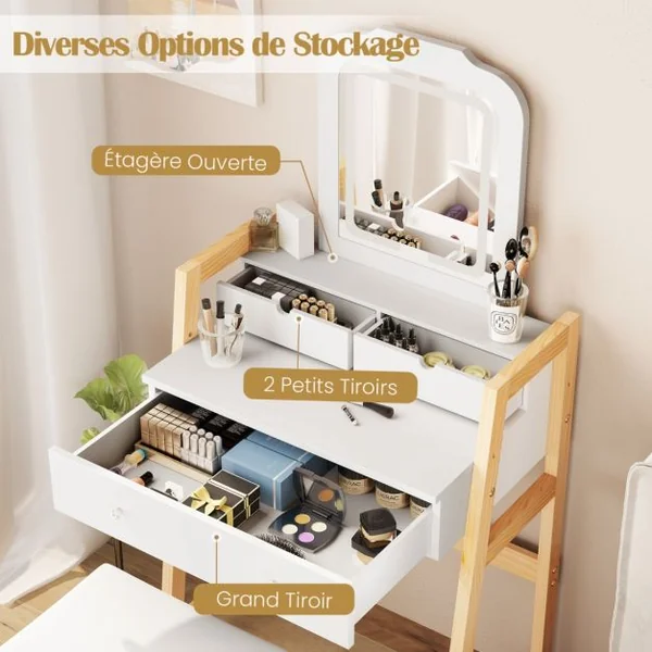 Coiffeuse Table de Maquillage à 2 Niveaux avec 3 Tiroirs 1 Miroir Hauteur Réglable et 1 Tabouret Rembourré