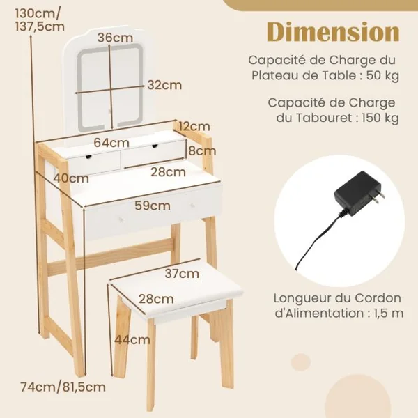 Coiffeuse Table de Maquillage à 2 Niveaux avec 3 Tiroirs 1 Miroir Hauteur Réglable et 1 Tabouret Rembourré
